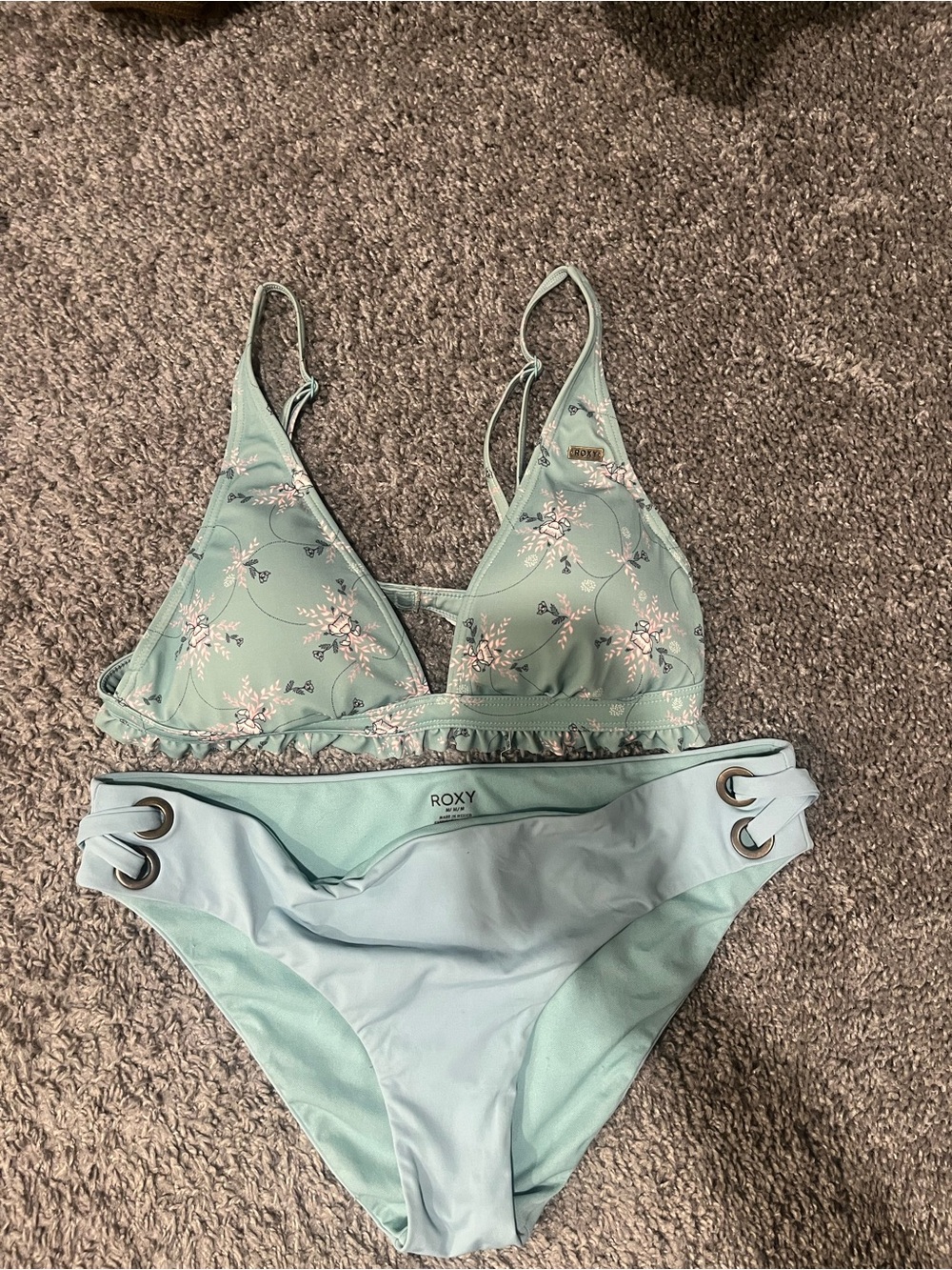 Roxy Mint Floral Triangle Bikini Set with  Side Ring Bottoms